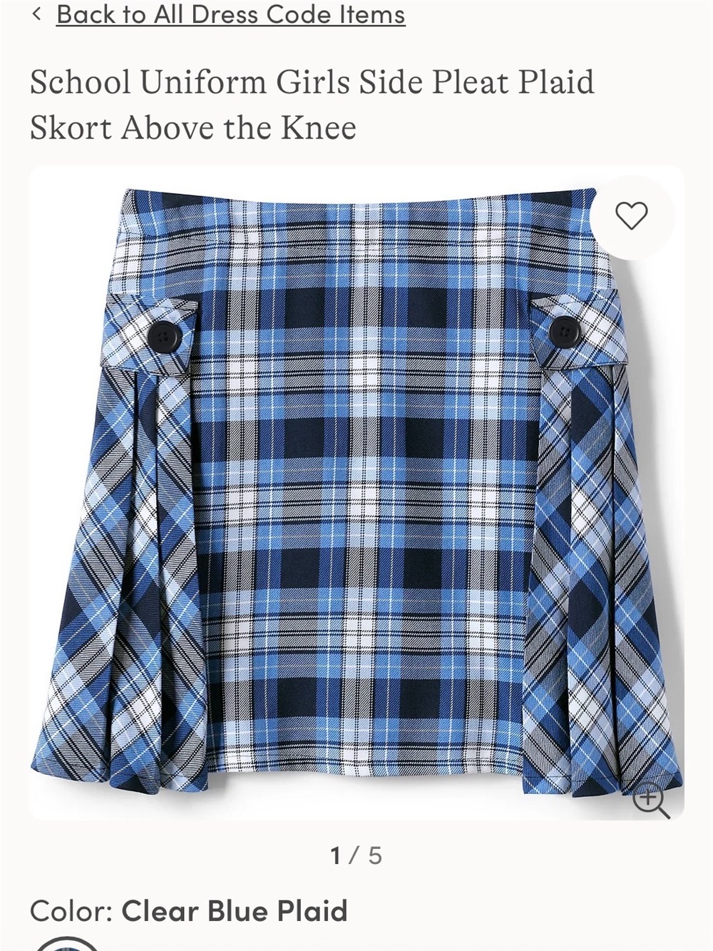 Lands' End Girls Clear Blue Plaid Side Pleat Skort
